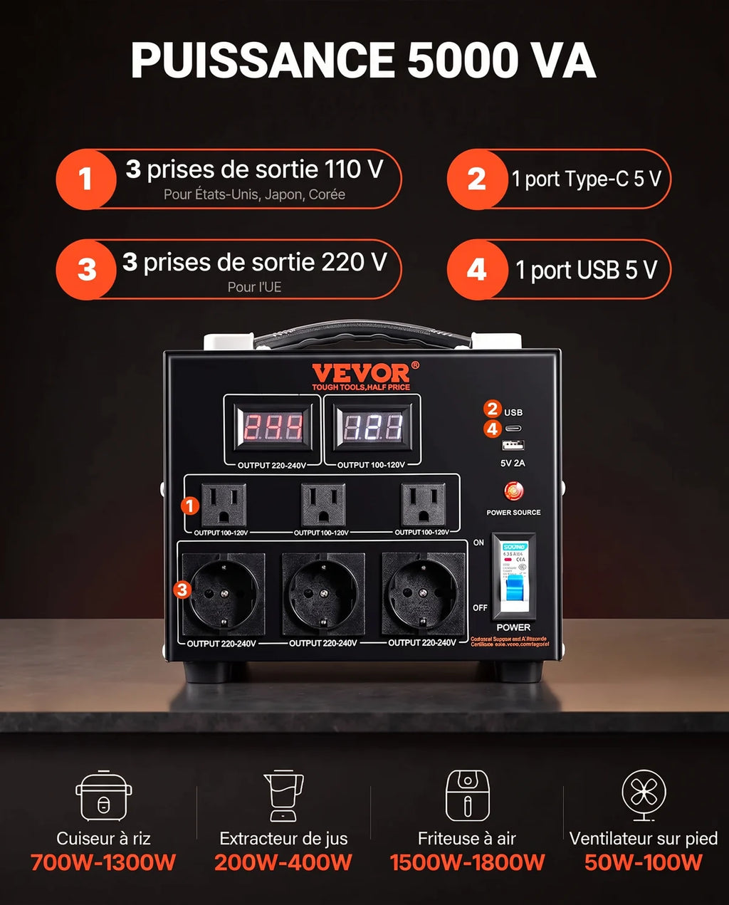 Transformateur 220 V - 110 V Convertisseur de Tension 5000 W