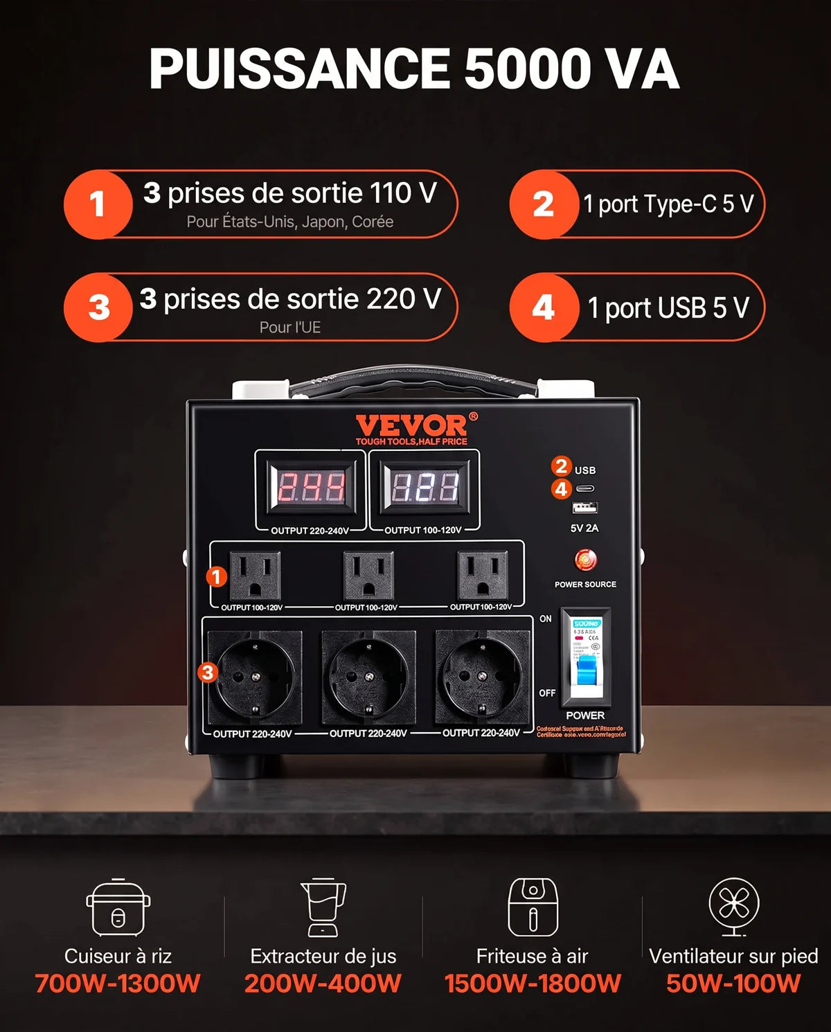 Transformateur 220 V - 110 V Convertisseur de Tension 5000 W