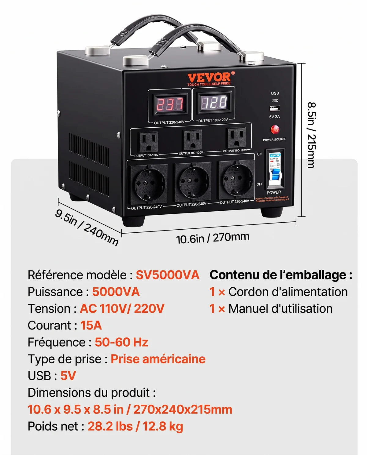 Transformateur 220 V - 110 V Convertisseur de Tension 5000 W