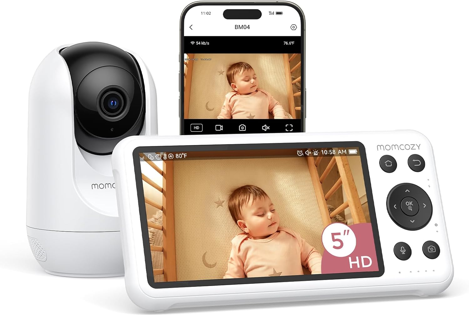 Moniteur Bébé WiFi – Caméra HD 5" 1080P Fixation Murale, Détection Mouvements/Pleurs