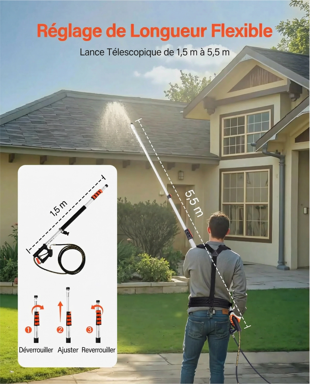 Nettoyeur Haute Pression Extensible 7,3 Mètres 4000 PSI