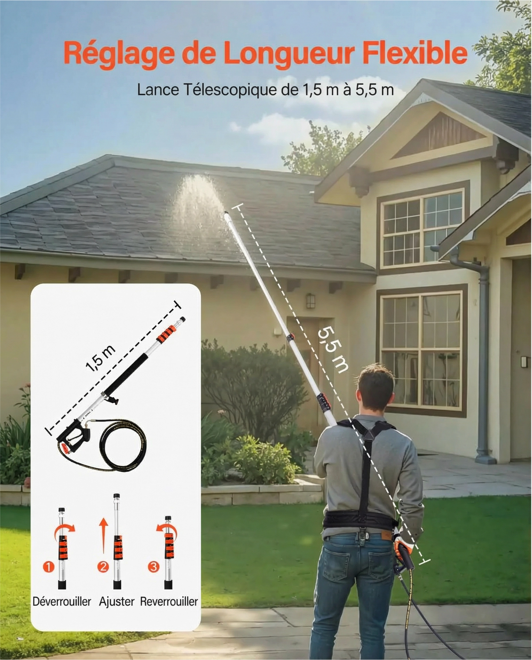 Nettoyeur Haute Pression Extensible 7,3 Mètres 4000 PSI