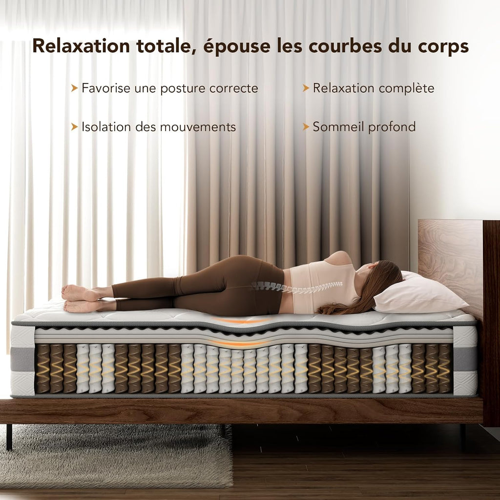 Matelas Orthopédique 140x190cm, Hauteur 25 cm, Matelas à Ressorts ensachés 7 Zones