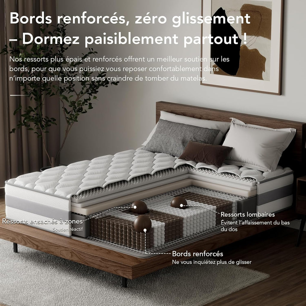 Matelas Orthopédique 140x190cm, Hauteur 25 cm, Matelas à Ressorts ensachés 7 Zones