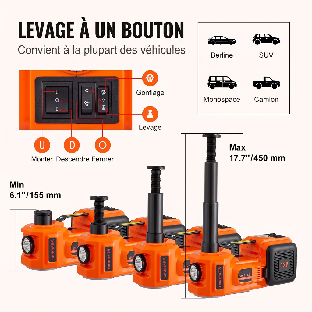 Cric Hydraulique Électrique 5T 12V