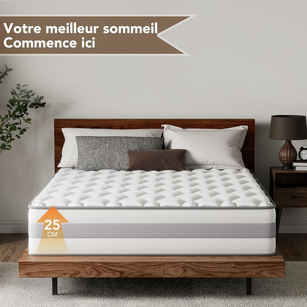 Matelas Orthopédique 140x190cm, Hauteur 25 cm, Matelas à Ressorts ensachés 7 Zones