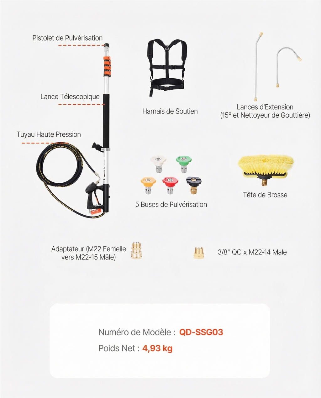 Nettoyeur Haute Pression Extensible 7,3 Mètres 4000 PSI