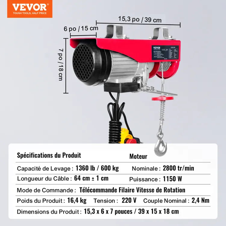Treuil à Câble Électrique 600 kg