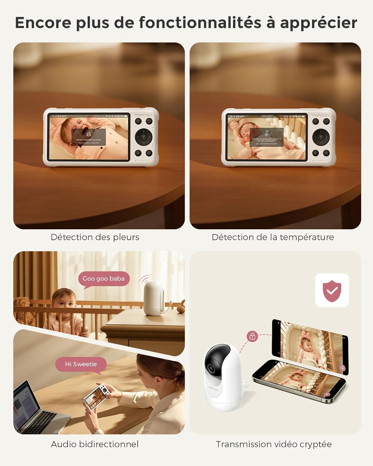 Moniteur Bébé WiFi – Caméra HD 5" 1080P Fixation Murale, Détection Mouvements/Pleurs